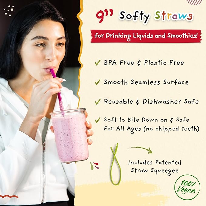 Softy Straws Wide Premium Reusable Silicone Drinking Straws + Patented Straw Squeegee - 9” Long With Curved Bend for 20 30 32 oz Tumblers Non Rubber, Flexible, Safe for Kids/Toddlers, Smoothie