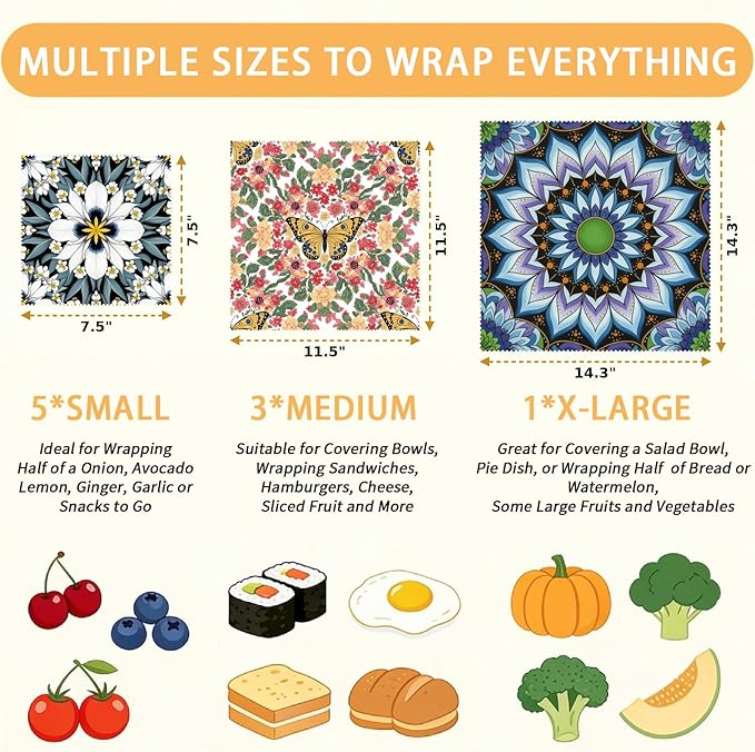 Reusable Beeswax Wrap, 9 Pack Eco-Friendly Beeswax Wraps For Food, Organic, Sustainable, Biodegradable, Zero Waste, Plastic-Free Storage, 1XL, 3M, 5S (Floral, Butterfly & Mandala)