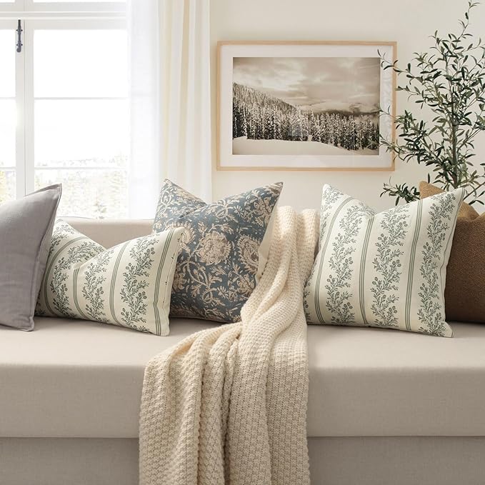 Vintage Throw Pillow Covers 12x20 Set of 2, Striped Floral Pillow Cover Botanical Patterned Decorative Cushion Covers Modern Farmhouse Home Decor for Sofa Couch Bed Living Room, Moss Green