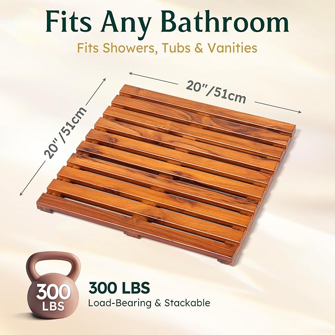 Teak Shower Mat - Premium Non-Slip Bath Mat for Bathtub & Shower, Natural Wooden Bathroom Floor Mat, Spa-Style Fast-Drying Bathtub Tray, Solid Teak Wood (20"x20")