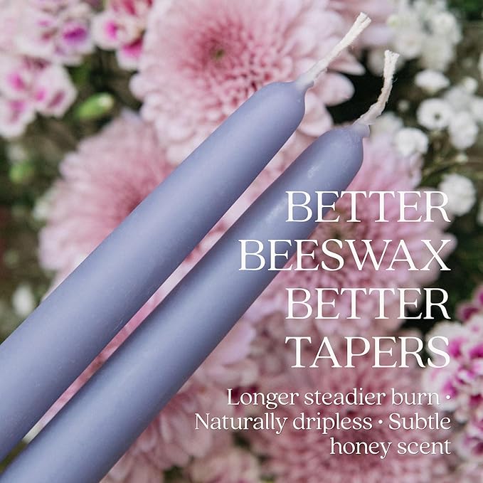 Bluecorn Beeswax Taper Candles, 100% Pure Natural Bees Wax, Pair of 12 Inch Lilac Tapered Candlesticks, Clean Burning & Dripless, Fragrance Free, Long Lasting, Home Decor, American Made, 1 Count