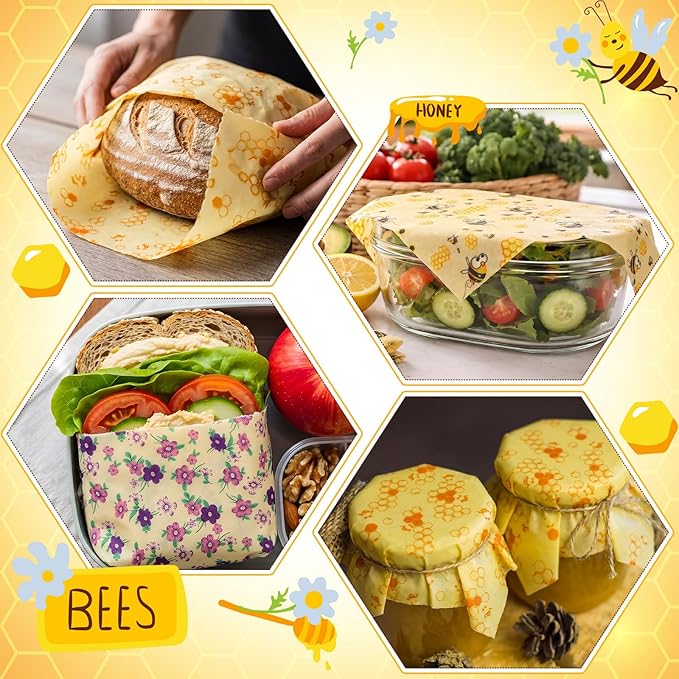 Fanfanwin 3 Rolls Beeswax Wraps for Food Reusable 13 x 39 Inch Cut to Size Beeswax Wraps for Food Organic Sustainable Biodegradable Zero Waste Plastic Free Foods Storage (Bees, New Beehive, Flower)