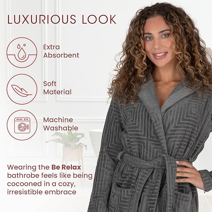 Be Relax Bathrobe for Women - Full Length Terry Cotton Robe with Shawl Collar and Hood, Warm and Cozy Robe with Belt & Pocket