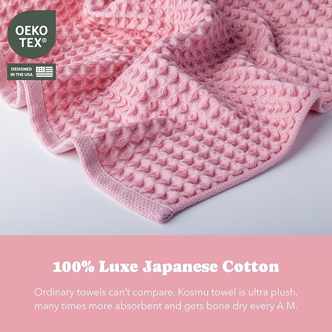 Luxury Organic Japanese Cotton Waffle Bath Towel | Thick, Absorbent, Quick Dry Bathroom Towels for Shower, Sauna, Onsen| Hotel & Spa Quality, Gift-Ready (Sakura Pink, Bath Sheet (2 Pack))