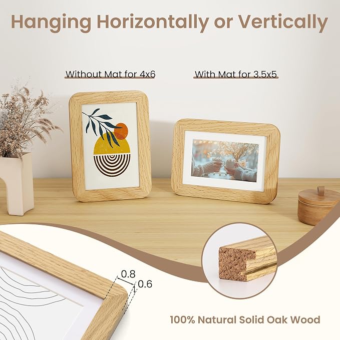 Fun Memories 4x6 Picture Frame - Solid Oak Wood Frame, Handcrafted 4x6 Photo Frame Matted to 3.5x5 with Real Glass, Wall or Tabletop Display, 4 By 6 Photo Frame Wood, Natural Oak