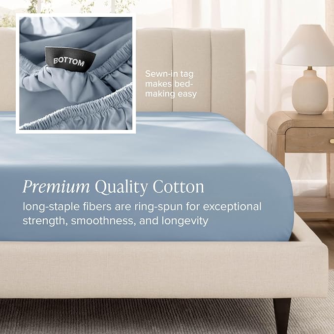 Bare Home 100% Organic Cotton Full Sheet Set - 400 Thread Count - Smooth Sateen Weave - Breathable & Cooling - Hotel Luxury Set - Deep Pocket Bed Sheets (Full, Dusty Blue)