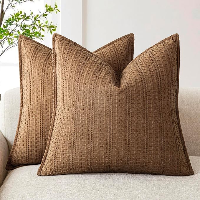 Foindtower Set of 2 Decorative Cotton Waffle Weave Throw Pillow Covers Euro Shams Cushion Covers Accent European Pillowcase for Bed Couch Sofa Bedroom Living Room Home Decor 18×18 Inch Orange Brown
