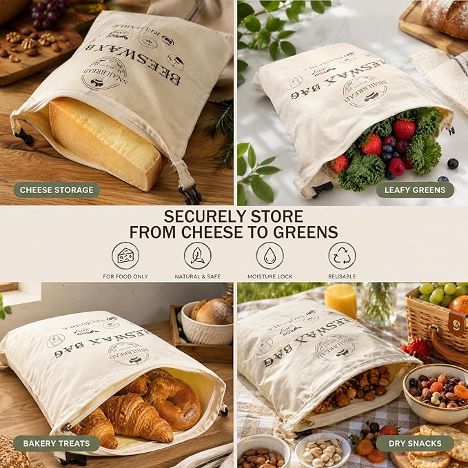 XL Reusable Beeswax Food Storage Bags with Zipper - 2 Pack (13x17) for Sourdough & Homemade Bread | Sustainable Eco-Friendly Freshness Keeper | Upgraded Zippered Beeswax Wrap Bag, Zero Waste