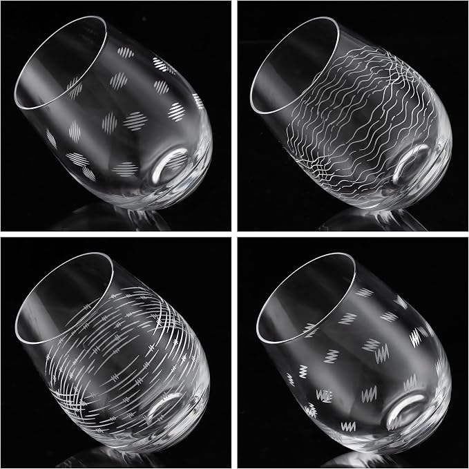 Joeyan Etched Stemless Wine Glasses,Hand Blown Drinking Glass Cups Wine Tumbler with Line Patterns,Carved Large Cocktail Whiskey Glasses,Gift for Party Wedding,4 Pack,17.5 oz,Dishwasher Safe