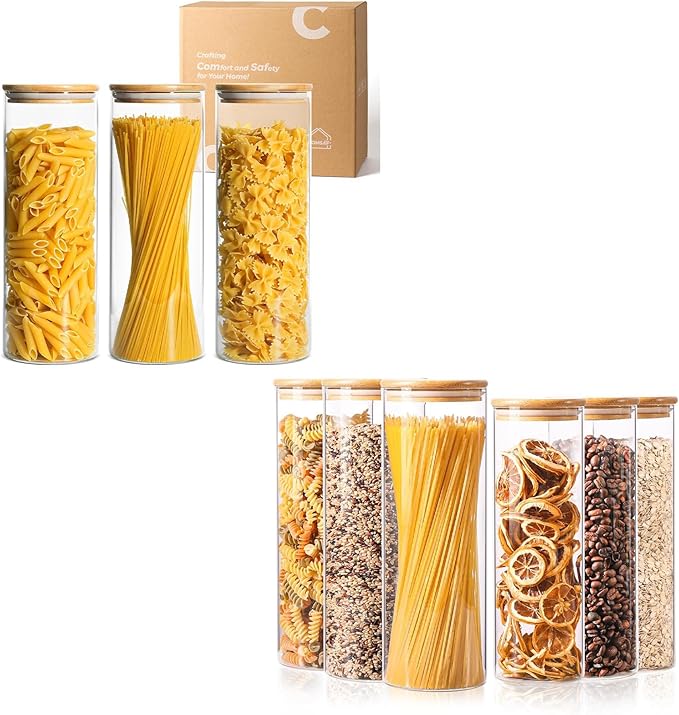 ComSaf Set of 9 Glass Storage Containers with Lids, Glass Jars with Bamboo Lids, Clear Food Storage Jar, Round Glass Canister, Pantry Organizers and Storage for Pasta Flour Rice Coffee Bean