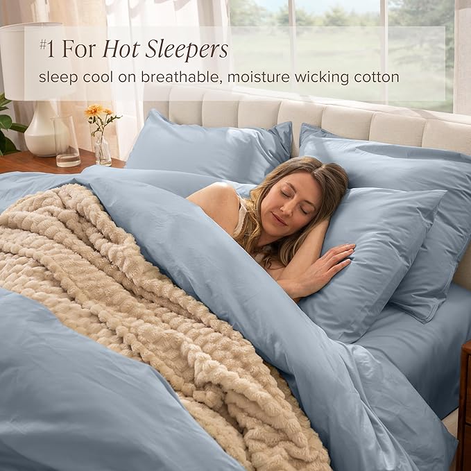 Bare Home 100% Organic Cotton Queen Duvet Cover Set - Crisp Percale Weave - Lightweight & Breathable - Cooling Duvet Cover Set (Queen, Dusty Blue)