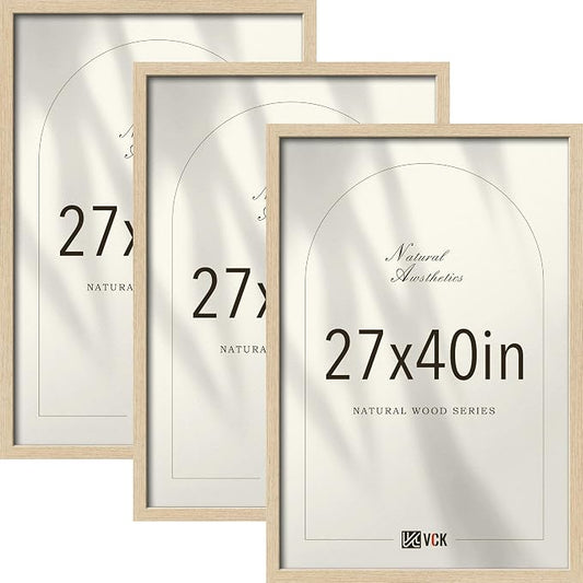 VCK 27x40 Poster Frame 3 Pack - Natural Oak Solid Wood, Exclusive Wood Grain Picture Frames, Wall Hanging