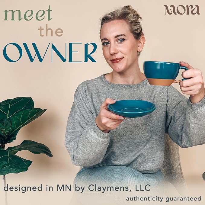 MORA Ceramic Latte Art Mug With Saucer - 10.5 oz, Round Bottom For Perfect Pours - Cafe Cups for Cappuccino, Espresso, Coffee, Tea etc - Porcelain Set for Baristas, Great Gift - Azure Blue