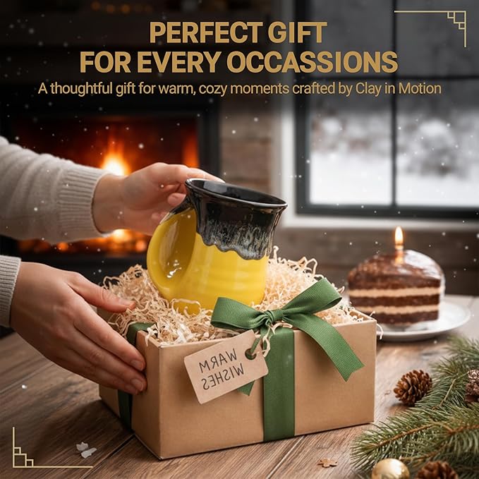 Clay in Motion Hand Warmer Coffee Mug – Handmade Coffee Mug With Comfortable Handle Contoured Pocket Hand Warming Ceramic Coffee Mug – Proudly Made in USA – Left Handed – 14 Oz - Yellow Black