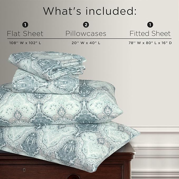 Briarwood Home® Printed Flannel Sheet Set, 100% Natural Cotton, Soft, Warm & Deep Pocket, Advanced Nano-Tech Making it Resistance to Pilling; Brushed 6 Times for Softness (Damask Navy, King)