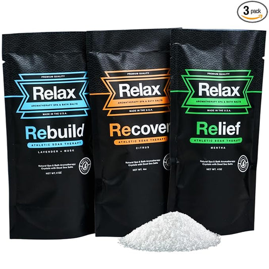 Relax Spa & Bath, Epsom & Dead Sea Salts, Aromatherapy Bath Salts for Hot Tub, Bath, or Spa, Infused with Magnesium, Muscle Recovery & Sports Recovery, 3 Pack, Relax Athletic Collection, 4 oz Each