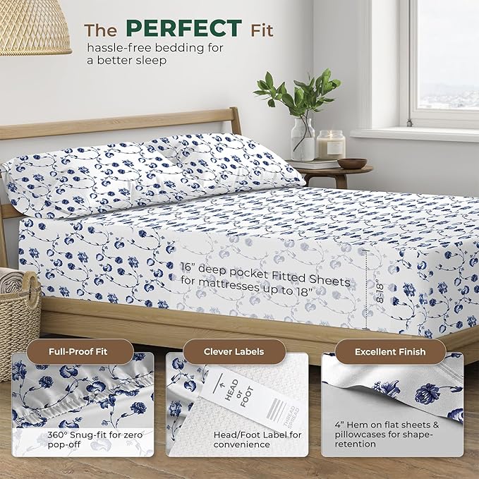 THREAD SPREAD 100% Organic Cotton Sheets Twin Size - Organic Cotton Twin Percale Weave Sheet Set (3 PC, Floral Blue), Soft, Cooling, Crisp & Breathable, 16" Deep Pocket Bedding Set for Dorm Room