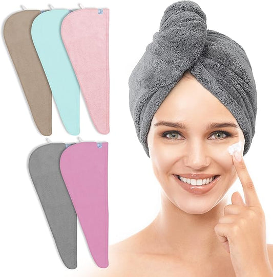 TENSTARS 5 Pack Thicken Microfiber Hair Towel Wrap for Women - Elastic Loop Design - 320GSM Coral Velvet - Quick Dry Hair Turban - 11x28 Inch (Grey+Pink+Brown+FrozenBlue+FrozenBerry)