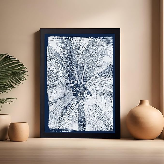 Monem Art Coastal Palm Tree Cyanotype Print - Blue and White Tropical Botanical Design Poster - Wall Decor for Beach House, Bedroom or Living Room - 16x20 Black Framed Wall Art by Renee Stramel