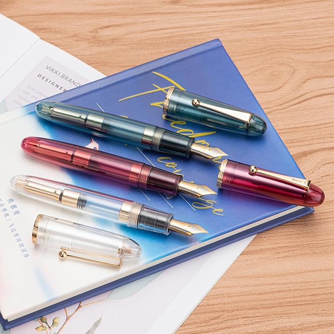 Jinhao 9019 DaDao Series Fountain Pen, Size 8 Medium Nib with Large Ink Converter, Transparent Light Blue Acrylic Design Smooth Writing Pen (Gold Trim)