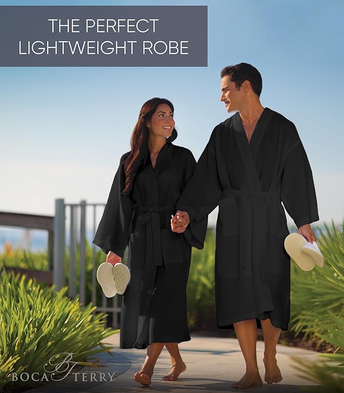 Men's Waffle Robe by BOCA TERRY, Waffle Knit Spa Robe, Long Lightweight Cotton Kimono Hotel Bathrobe