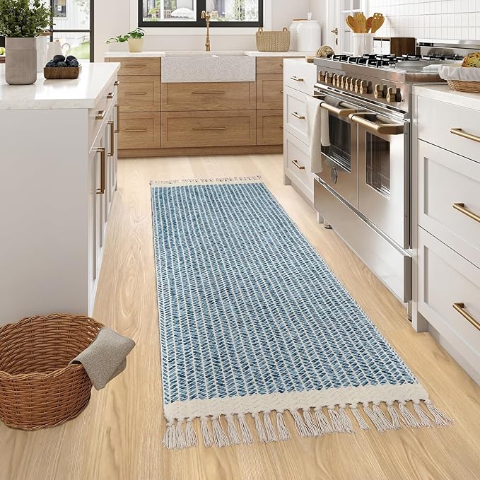 Lahome Belle Boho Kitchen Runner Rugs, 2x6 Laundry Room Rug Lightweight Bathroom Runner Woven Cotton Throw Mat with Tassels, Farmhouse Washable Blue Rug Low Pile Runners for Hallways Entry