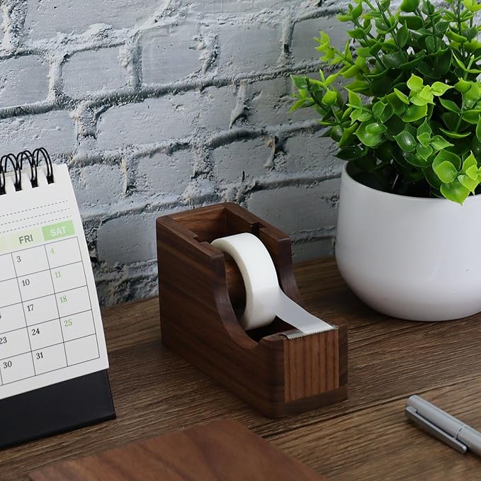 Buqoo Walnut Wood Tape Dispenser with Built-in Pen Holder – All-in-One Desk Organizer for Office/Home School