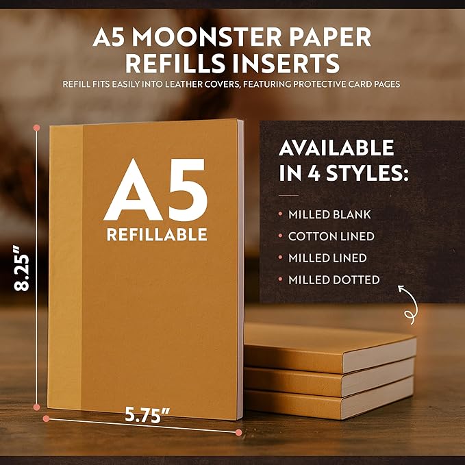 moonster Dot Grid Journal Notebook Paper for Refillable Leather Journals – A5 Hardcover 70gsm Dotted Notebooks for Work 8.25 x 5.75 Inches with 320 Page Refill Note Book and Helpful Bookmark