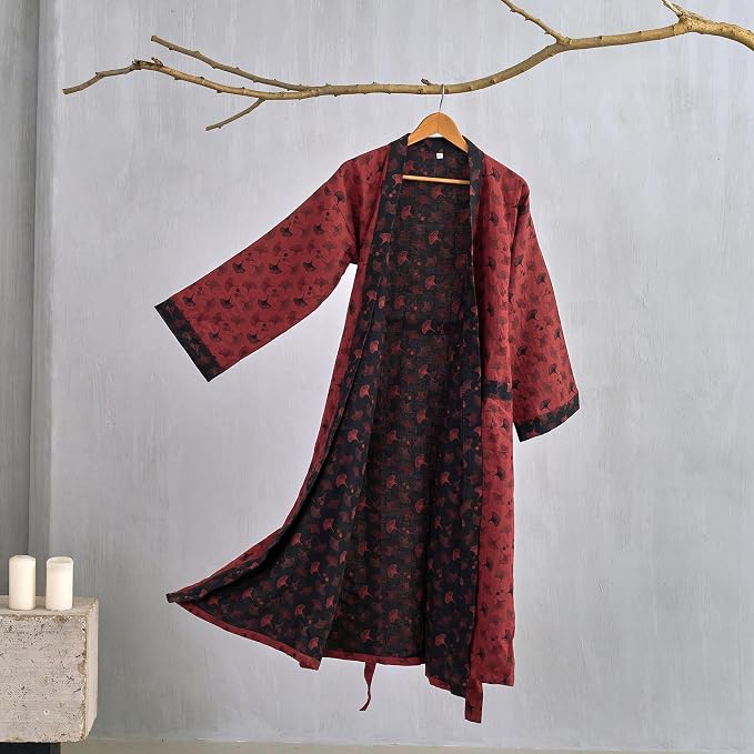 100% Cotton Gauze Ginkgo Leaf Kimono Robe, Long Knit Loose Bathrobe Nightgown Ladies Loungewear Sleepwear for Women