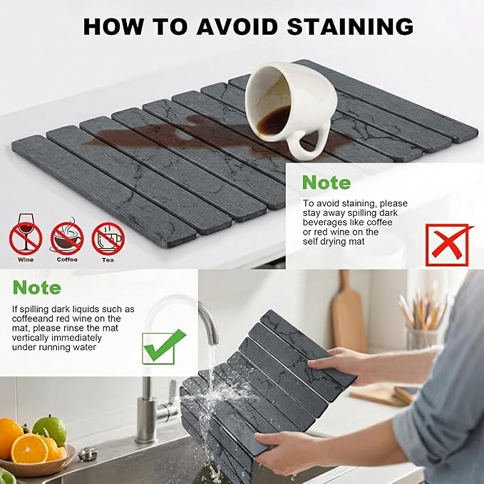 Stone Drying Mat for Kitchen Counter, Quick Diatomaceous Earth Mats for Dishes, 24"L x 16" W Super Absorbent Fast-Drying Collapsible Countertop Stone Mat (Marble Grey, 24" x 16")