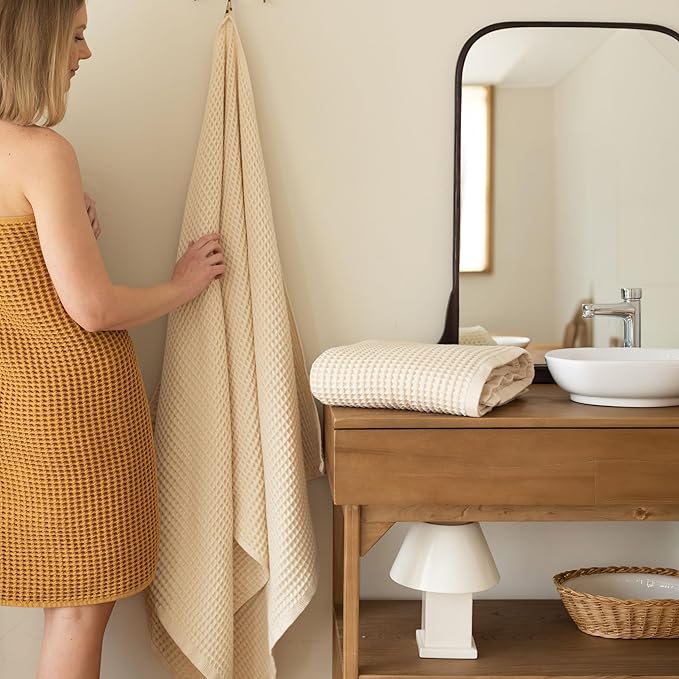 Premium Waffle Bath Towels Pack of 2 Extra Large 35x71 inch - 100% Turkish Cotton, Waffle Weave, Quick Dry, Lint Free, Oversized, Thin Bath Sheet Towel (Natural, Set of 2 Bath Towels)