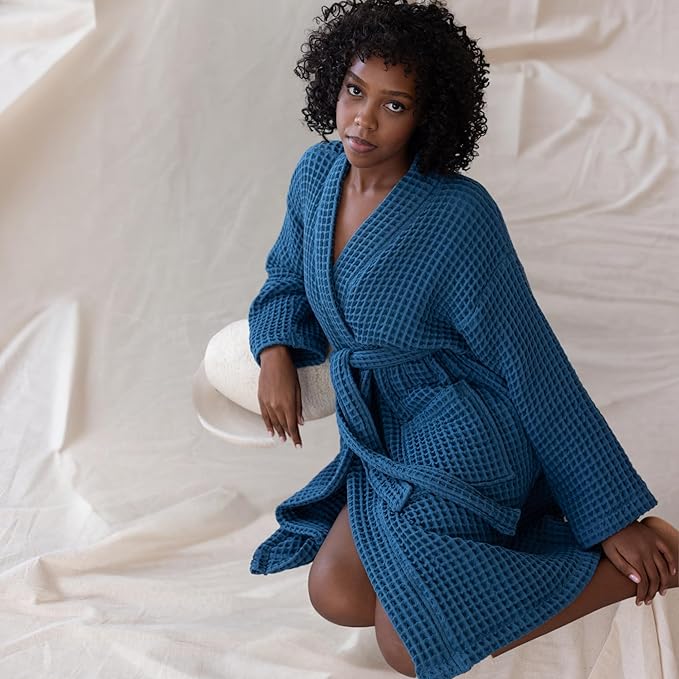 Womens Kimono Waffle Robe - Lightweight 100% Turkish Cotton Housecoat for All-Day Lounging - Bathrobe for Shower
