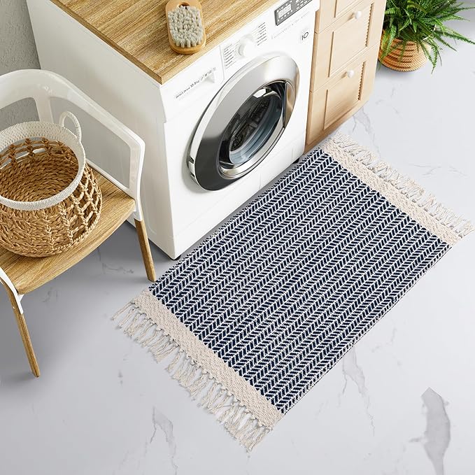 Lahome Belle Boho Bathroom Rugs, Small 2x3 Front Door Mat Lightweight Entryway Rug Woven Cotton Area Rug with Tassels, Farmhouse Non Shedding Washable Blue Throw Rug Low Pile Carpet for Entry Laundry