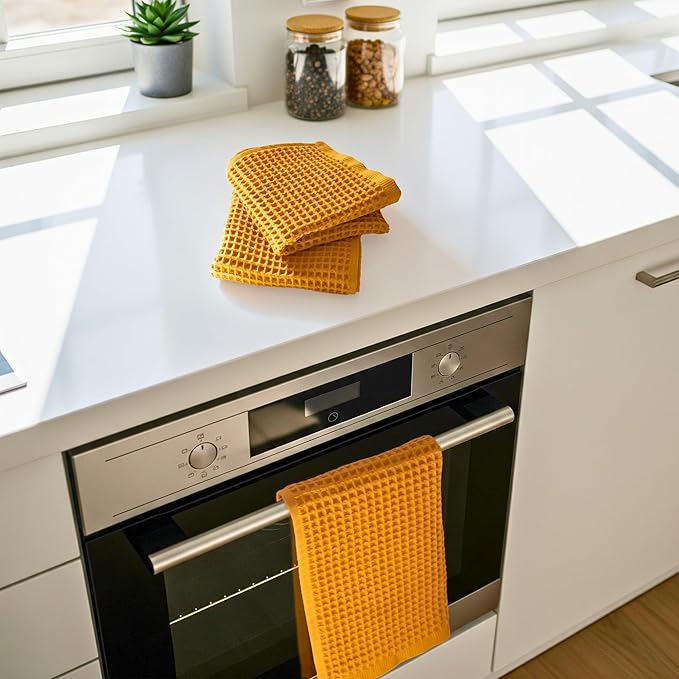 PÜSKÜL - Set of 3 Organic Waffle Hand Towel Mustard - Premium Quality, 100% Turkish Cotton, Soft, Quick-Dry, Absorbent, Lint-Free Face Kitchen Hand Towels (Mustard Yellow, Hand Towels - Pack of 3)