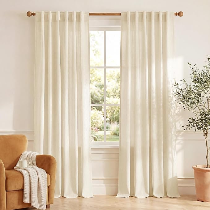 NICETOWN Semi Sheer Beige Linen Curtains for Living Room, Rod Pocket & Back Tab Thick Linen Blend Privacy with Light Filtering Window Treatments for Farmhouse/Living Room, W55 x L84, 2 Panels