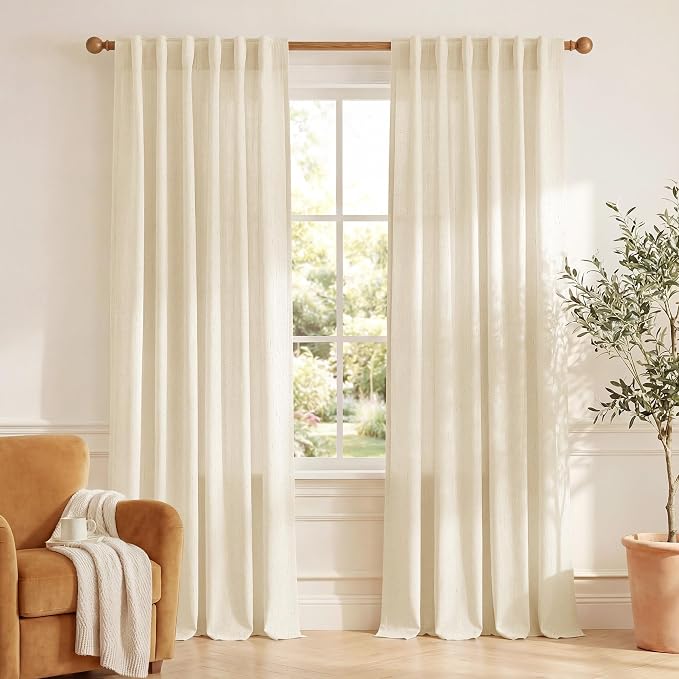 NICETOWN Linen Semi Sheer Beige Curtains 108 inches Long, Rod Pocket & Back Tab Thick Flax Linen Weave Drapes Privacy Added with Light Filtering for Bedroom/Farmhouse, W55 x L108, 2 Panels