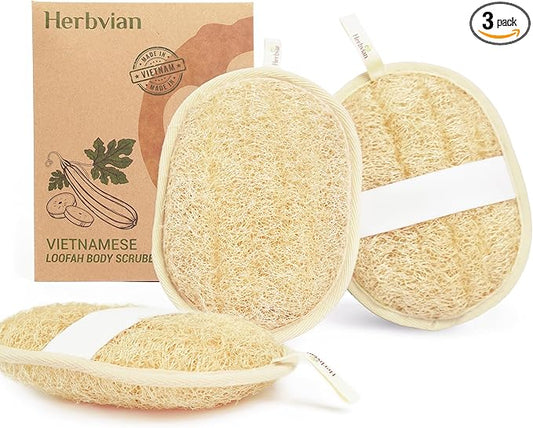 Vietnamese Natural Loofah Exfoliating Body Scrubber Pads, 100% Plant-Based Shower Luffa Sponge, Bath Loofah for Women Men (3, Oval 6.5"x4.9")
