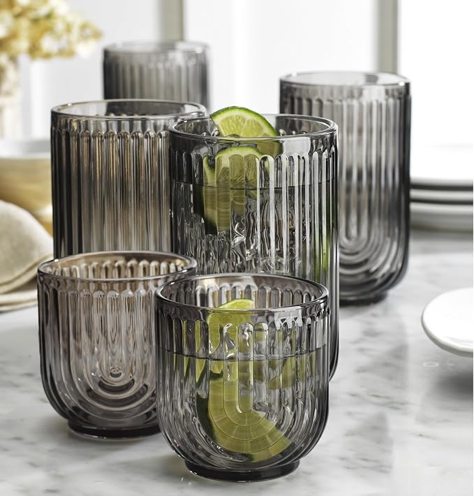 Glaver's 8 Piece Smoke Glassware Set, Art Deco Black Drinking Glasses, Ribbed U-Shape Design, 4 Highball 17oz and 4 Whiskey 11oz DOF Arch Drinkware