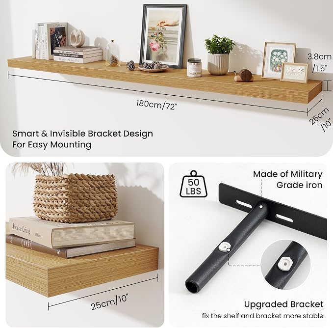 Fun Memories 72 Inch Fireplace Mantel Shelf, 10 Inch Deep Shelves for Display & Wall Storage, Rustic Wood Wall Shelf, Extra Long Floating Shelves for Living Room Laundry Room, Oak, Set of 2