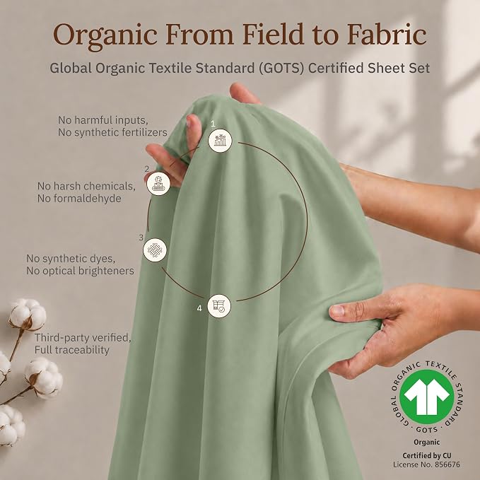 California Design Den King Size Sheets Set - 100% Organic Cotton Sheets King, Soft and Lightweight Sateen, Deep Pockets, Durable Bedding - Pale Green