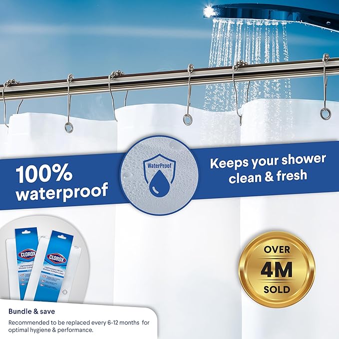 Clorox Shower Curtain Liner, Premium Lightweight Flexible Waterproof 3g PEVA for Bathroom with Weighted Magnets, Standard Size 70" x 72", Frosty 2 Pack