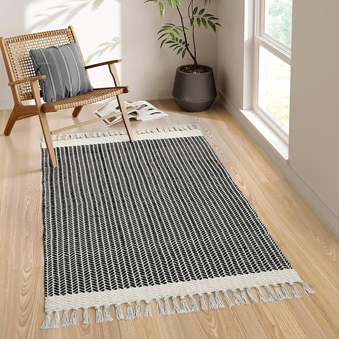 Lahome Belle Boho Entryway Rug, 3x5 Rugs for Bedroom Lightweight Washable Throw Rug Woven Cotton Bathroom Carpet with Tassels, Farmhouse Black and White Rugs for Living Room Kitchen Office Dorm