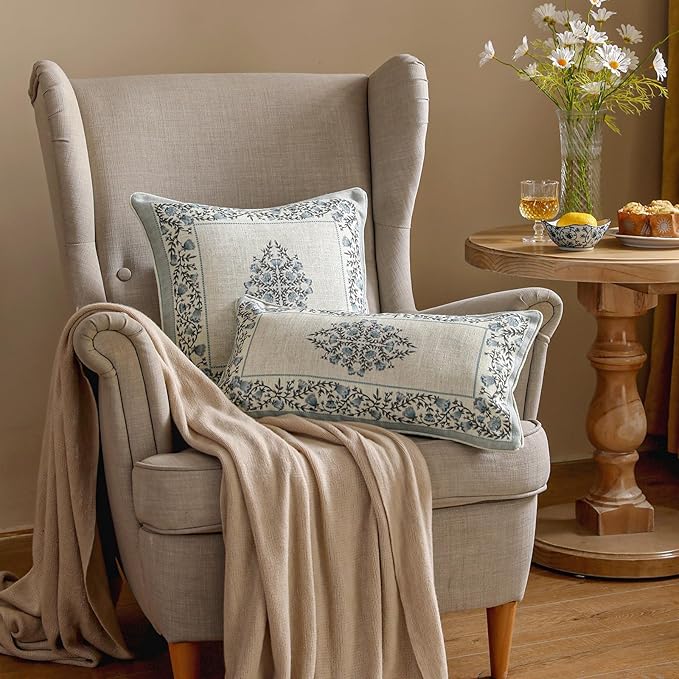 ISAENNE Design Linen Rectangle Throw Pillow Covers 12"x20" Pack of 2, Cottage Farmhouse Cushion Covers with Thorn Vine Pattern Decoration Pillowcases for Bed, Living Room, Outdoor, Car