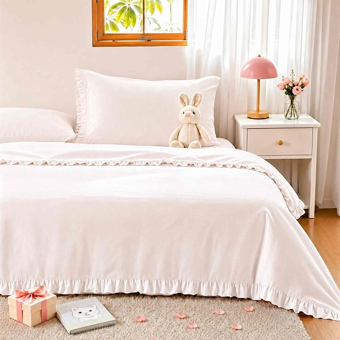 Simple&Opulence 100% Cotton Sheet Set Ruffle- 4Pcs (1 Flat Sheet 1 Fitted Sheet 2 Pillowcases) Bed Sheets Soft French Country Shabby Chic Vintage Bedding Set Aesthetic Farmhouse (Blush Pink, Queen)
