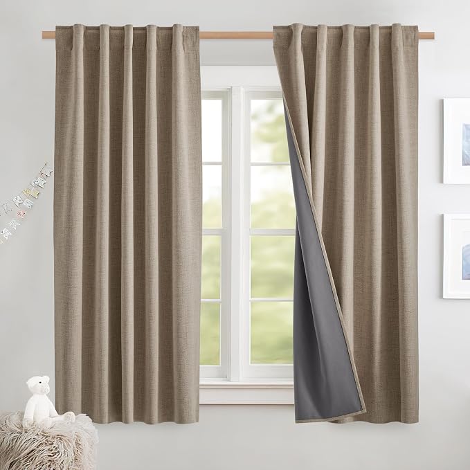 NICETOWN 100% Blackout Curtains for Kitchen with Grey Liner, Rod Pocket & Back Tab Thermal Insulated Flax Textured Full Light Blocking Window Draperies for Nursery(Burlap, 2 Panels, 42" W x 63" L)