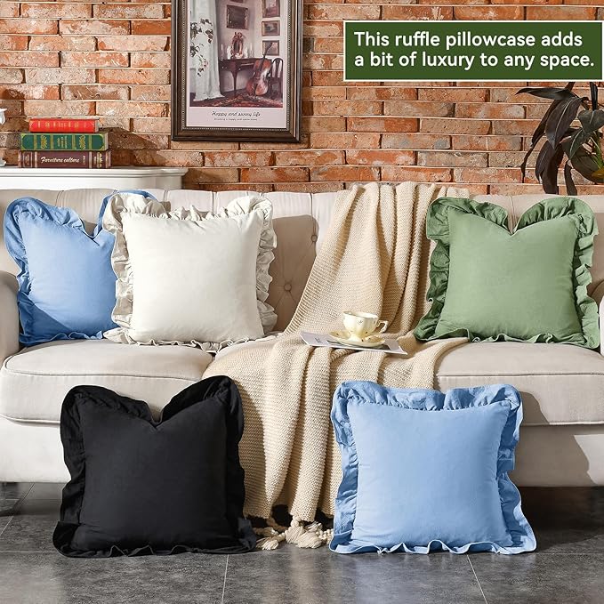 AmHoo Pack of 2 Throw Pillow Covers 100% Cotton Pre Washed Ruffle Decorative Pillowcase Cushion for Couch Sofa Bedroom 16 x 16-Inch Light Blue