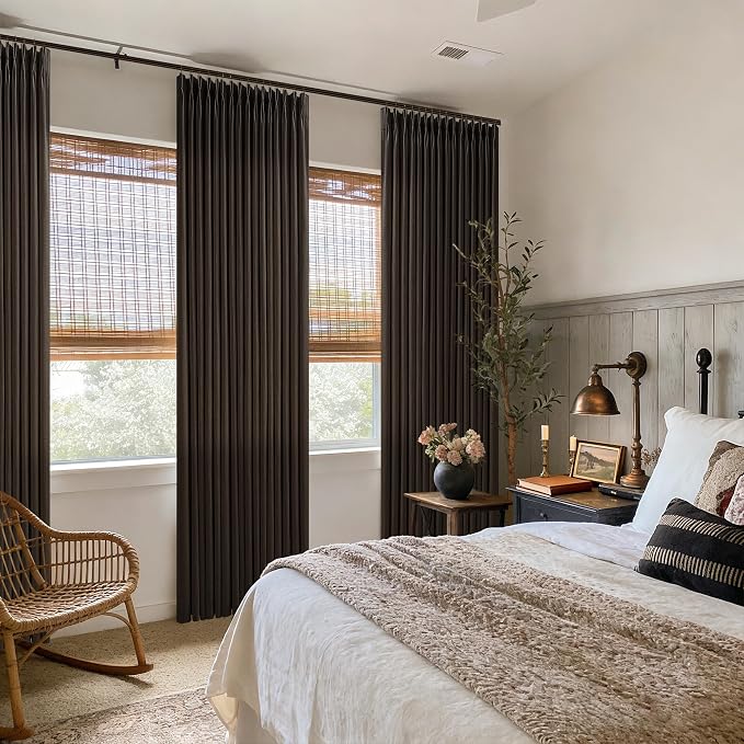 Dark Chocolate 96 Inch Pinch Pleated Linen Curtains 2 Panels Set for Living Room Bedroom Boho Farmhouse Light Filtering Semi Sheer Back Tab Pinch Pleat Hooks Rings Window Curtain 96 Inches Long