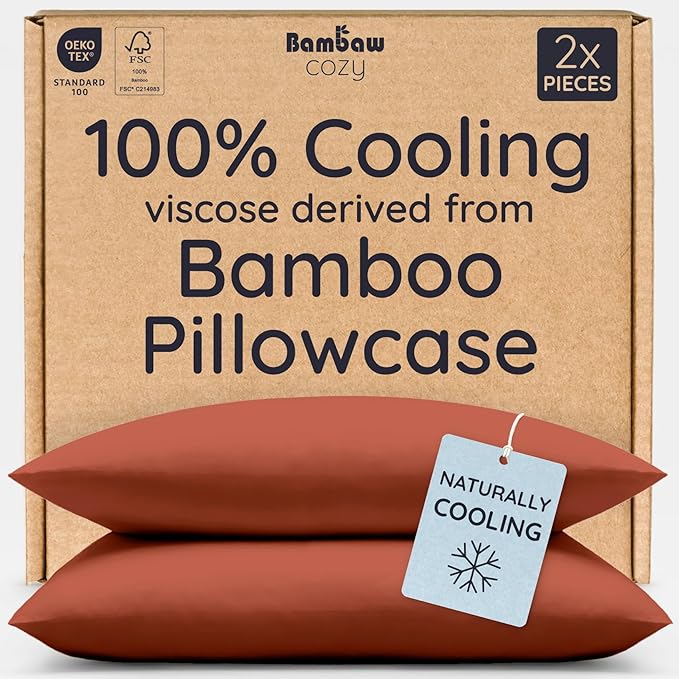 Bambaw 100% Viscose Derived from Bamboo Pillowcase Queen Size – Set of 2 Queen Cooling Pillow Cases for Hot Sleepers with Envelope Closure, Breathable & Super Soft Pillow Cases (Terracotta)