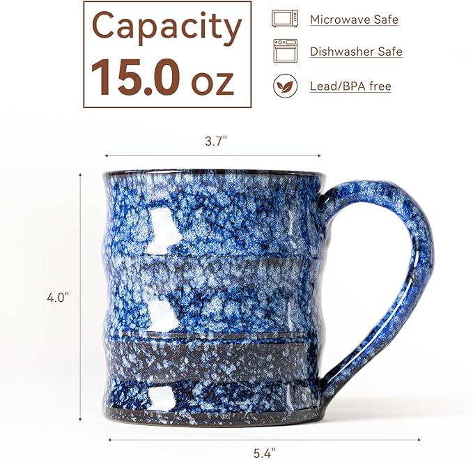 Unique Reactive Glaze Ceramic Coffee Mug - 15 oz Large Coffee Cup with Ergonomic Handle, Sakura Blue Ceramic Mug for Office & Home, Great Birthday Gift for Women, Men & Self-Care, Microwave Safe