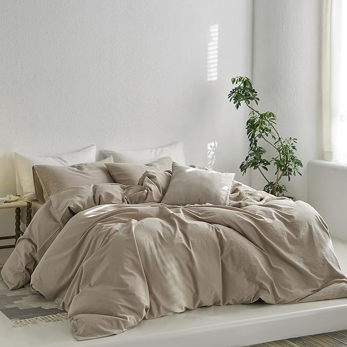 MooMee Duvet Cover Set, 100% Washed Cotton Linen Like Twill Thick Sturdy Material Super Soft Breathable Durable Bedding for All Season, 3 Pieces (Tannish Linen LikeGrey, Super Queen 90"x98")